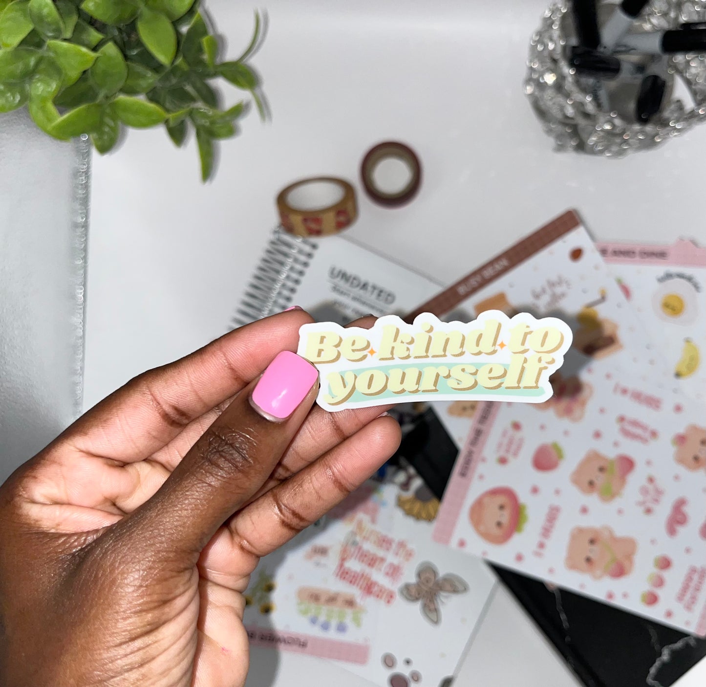 Be Kind to Yourself sticker - self-care vinyl decal for laptops, water bottles, journals, and planners.