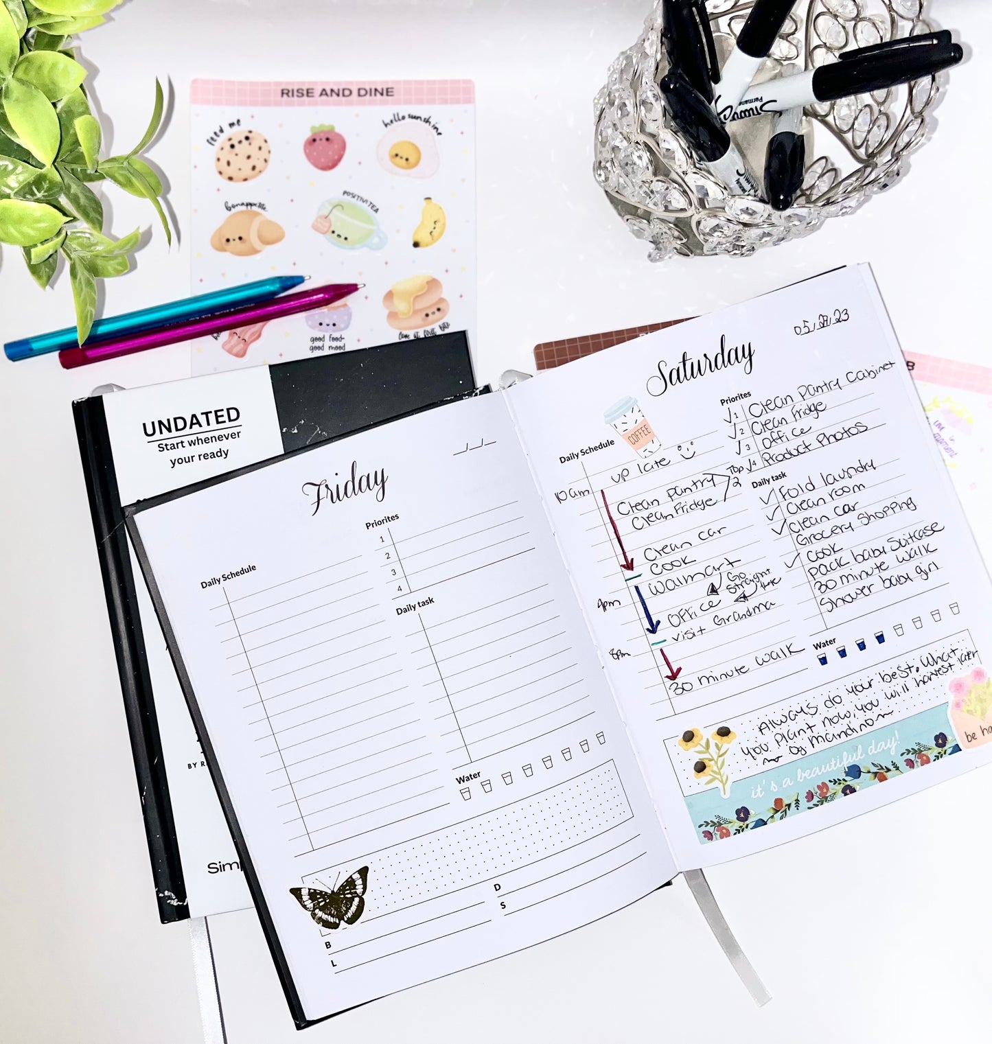Undated black marble daily planner - minimalist self-care and productivity organizer planner