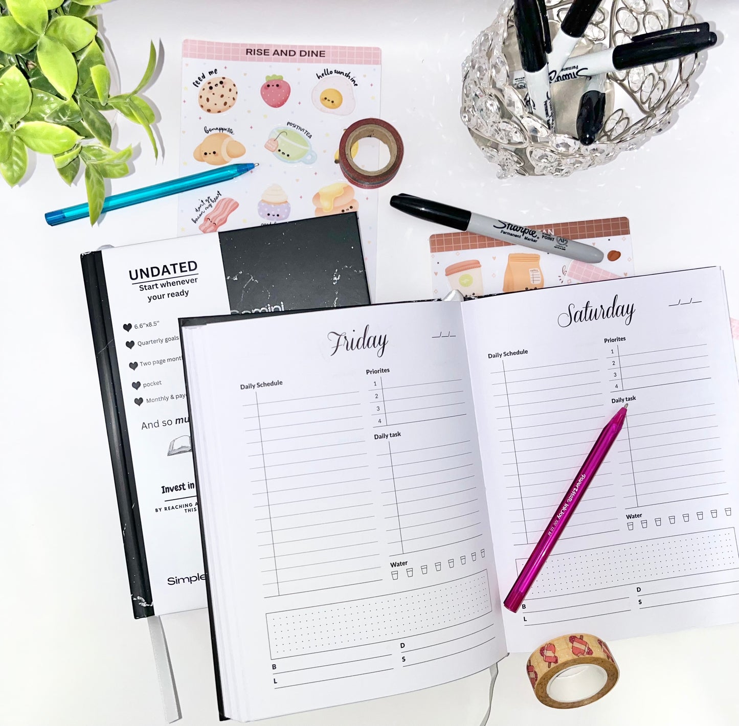 Undated black marble daily planner - minimalist self-care and productivity organizer planner