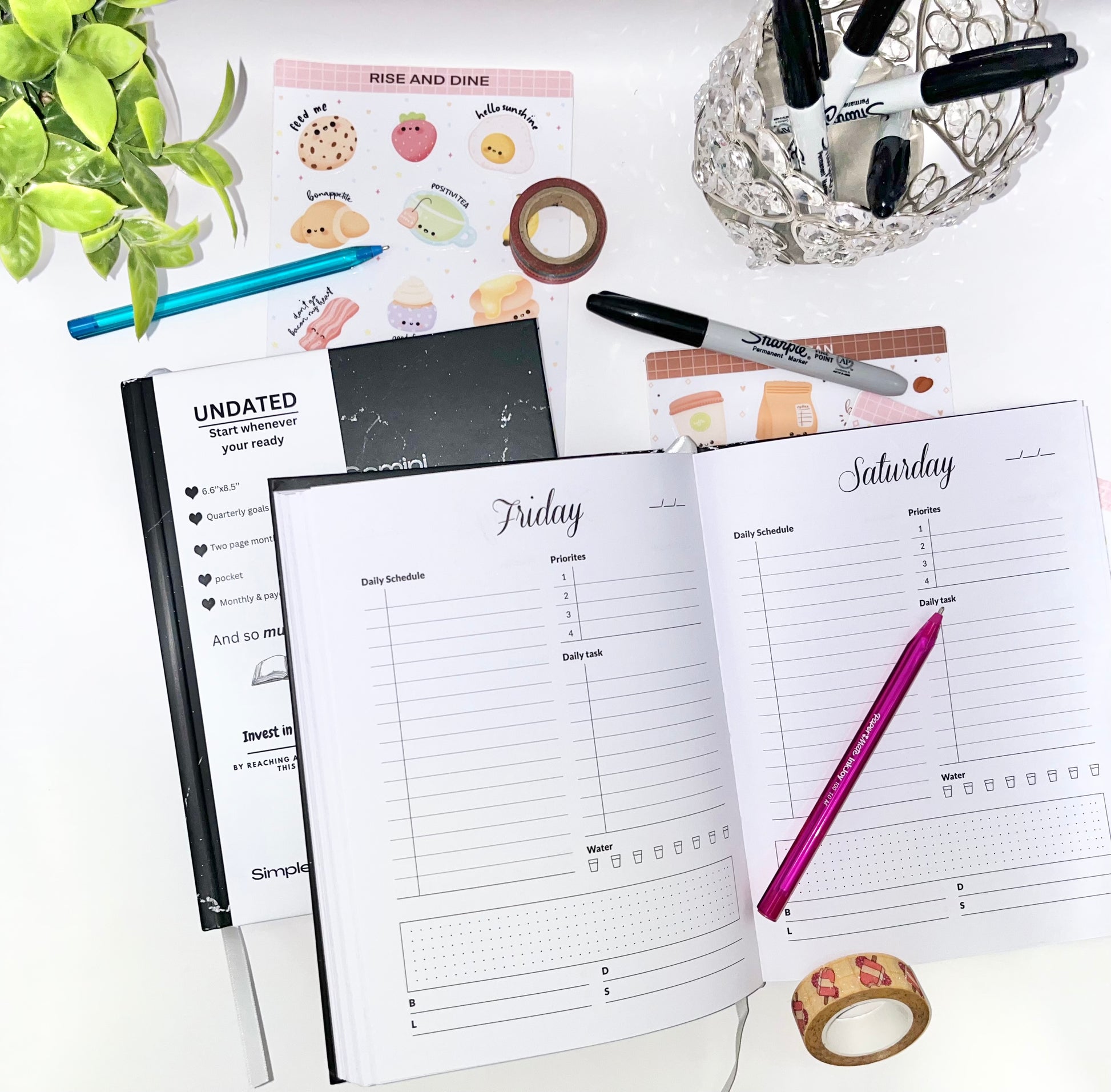 Undated black marble daily planner - minimalist self-care and productivity organizer planner