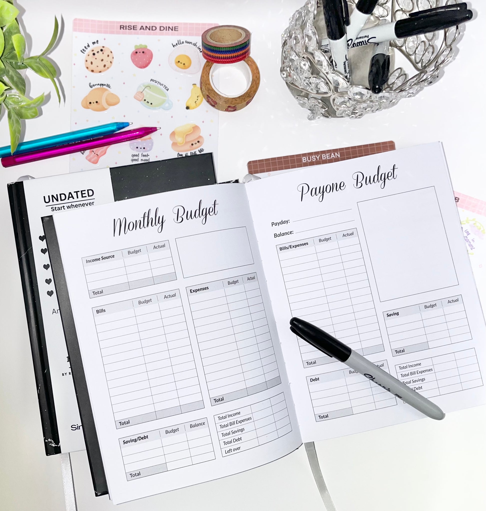 Undated black marble daily planner - minimalist self-care and productivity organizer planner