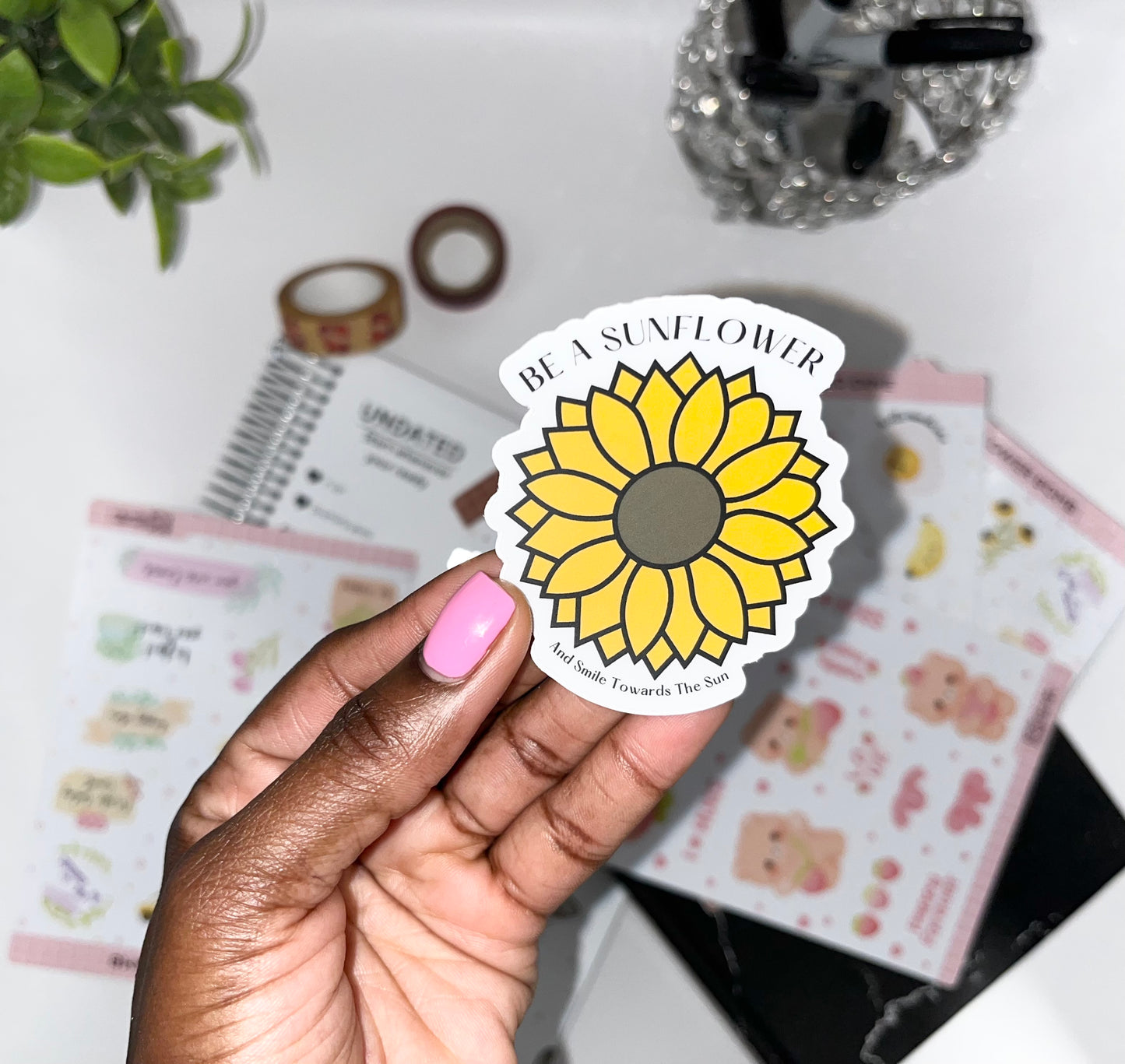 Be a sunflower and smile towards the sun sticker - motivational floral vinyl decal for laptops, water bottles, and planners