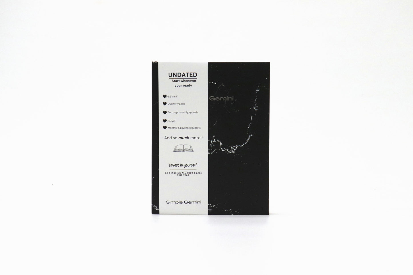 Undated black marble daily planner - minimalist self-care and productivity organizer planner